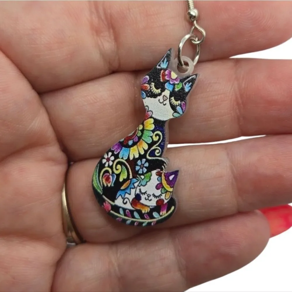 Colorful Folk Art Black Cat Earrings | Floral Acrylic Dangle Pierced Jewelry NWT